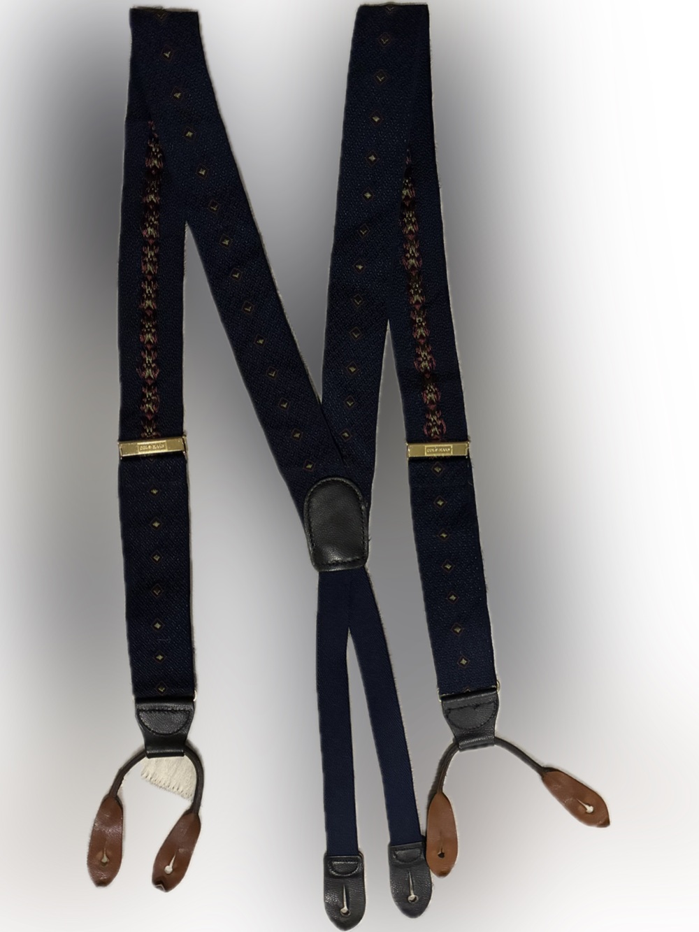 Cole Haan Men’s Navy Green Stripe‎ Leather Trim Suspenders Brass Hardware